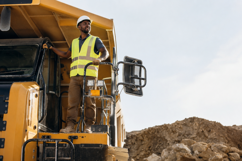 Un opérateur de Dumper debout sur son engins
